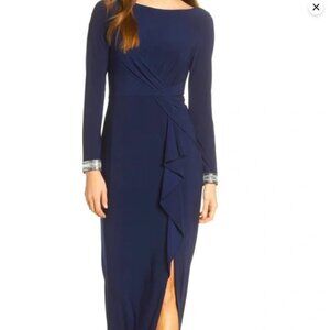VINCE CAMUTO Navy Blue Soft Knit Ruched Ruffle Maxi Dress Front Slit Jeweled 2P